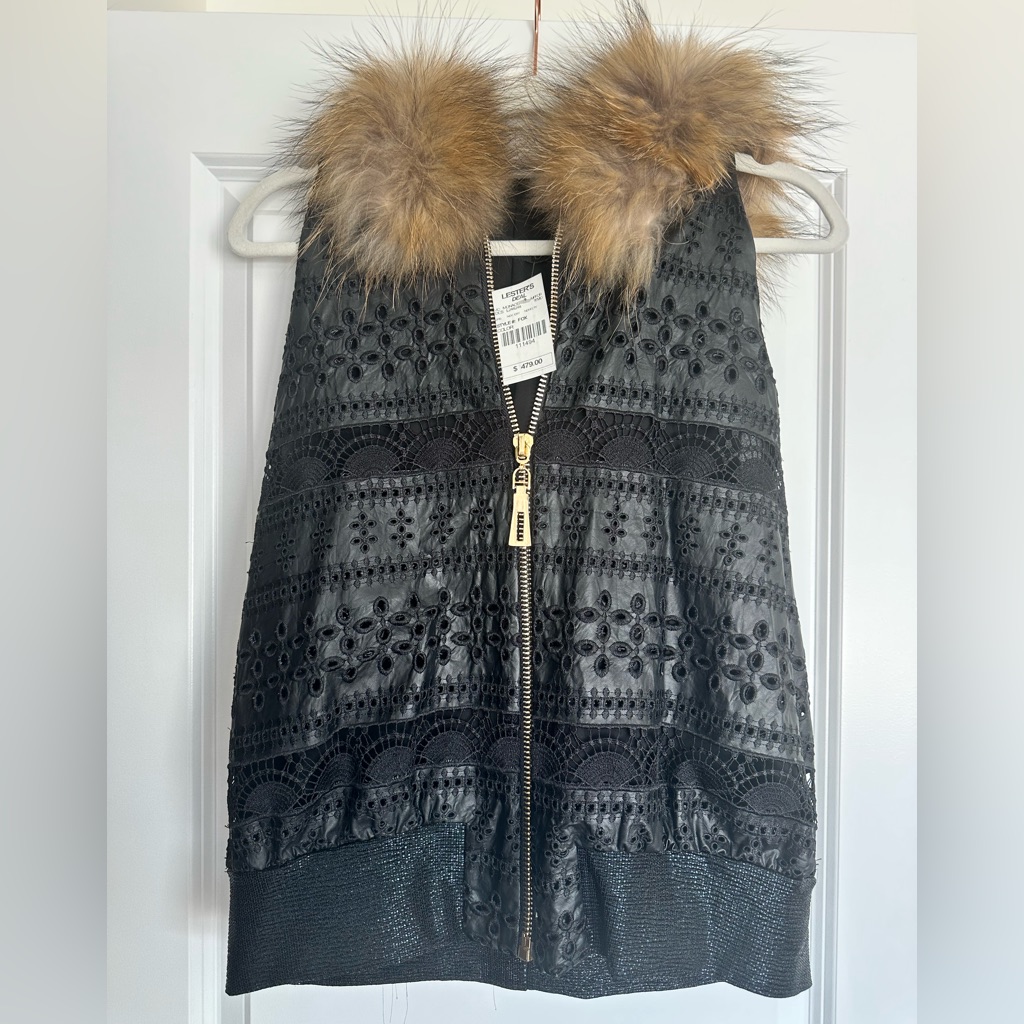 Monaco Black Vest With Fox Hair Hood And Gold Zipper